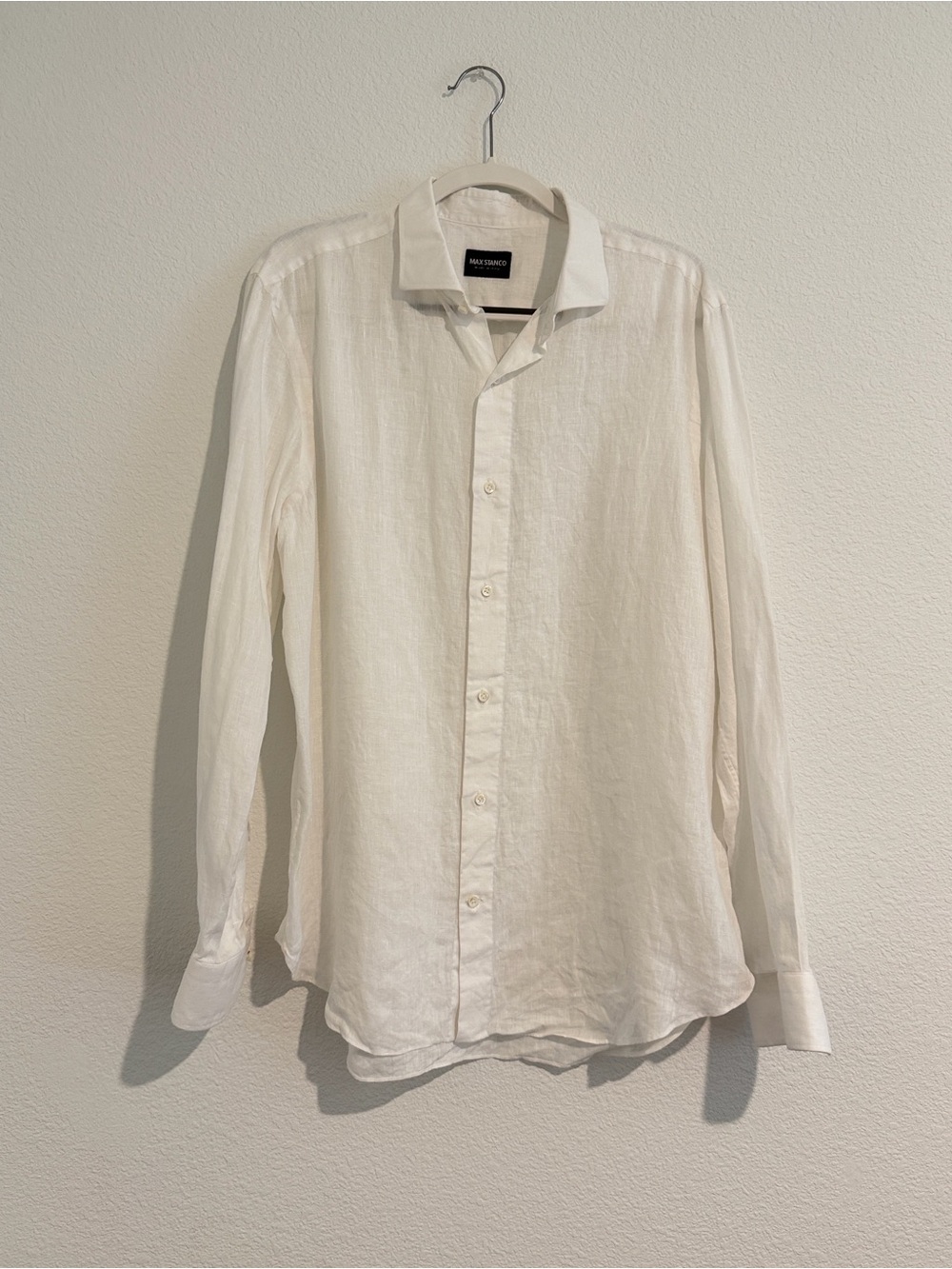 Max Stanco Men’s White Linen Long-Sleeve Dress Shirt